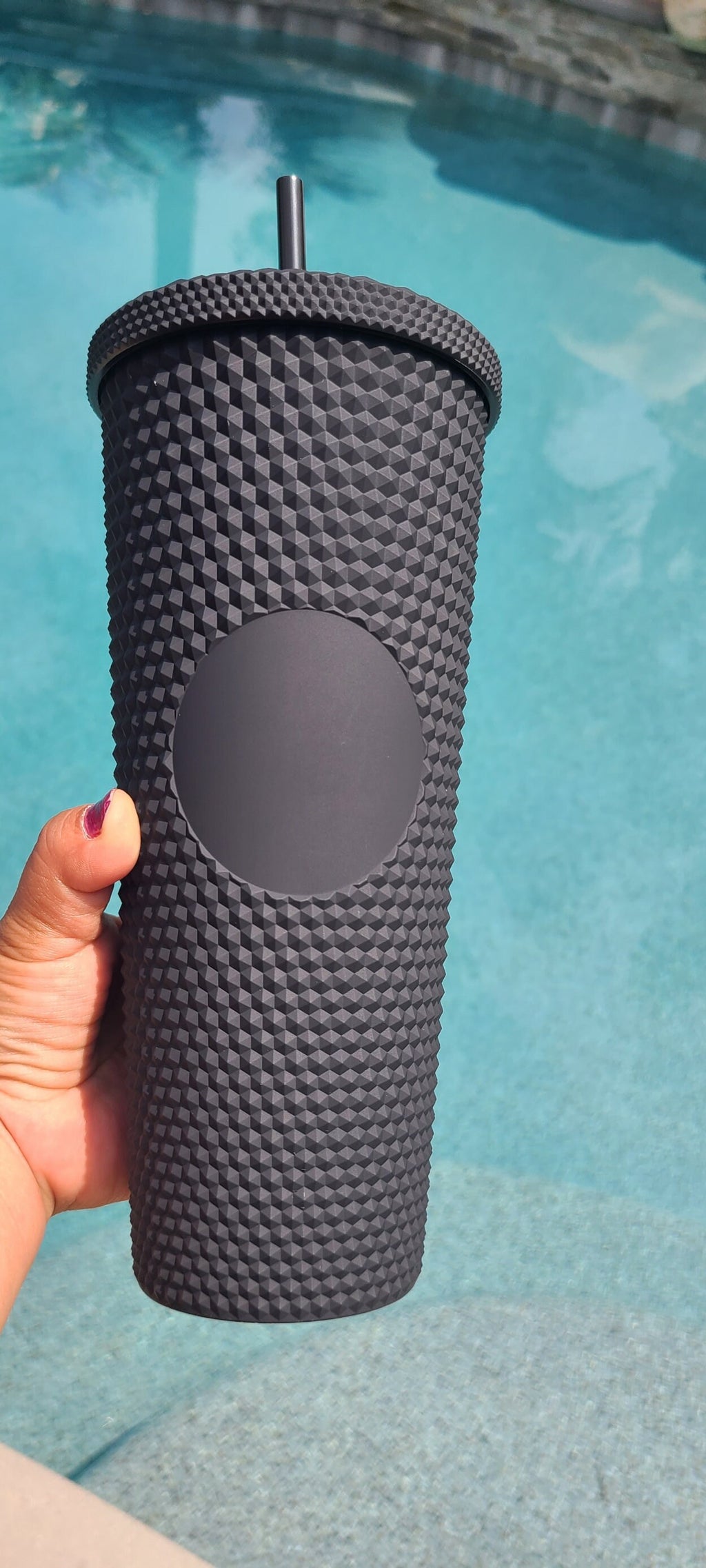 24oz Black Matte Studded Soft Texture To Go Travel Tumbler Cup Blank Center Circle with Lid and Matching Straw