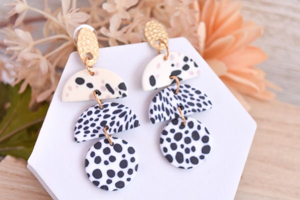 Boho Fashion Statement Handmade Polymer Clay "Allison" Dangle Drop Earrings Gifts Women Polka Dot