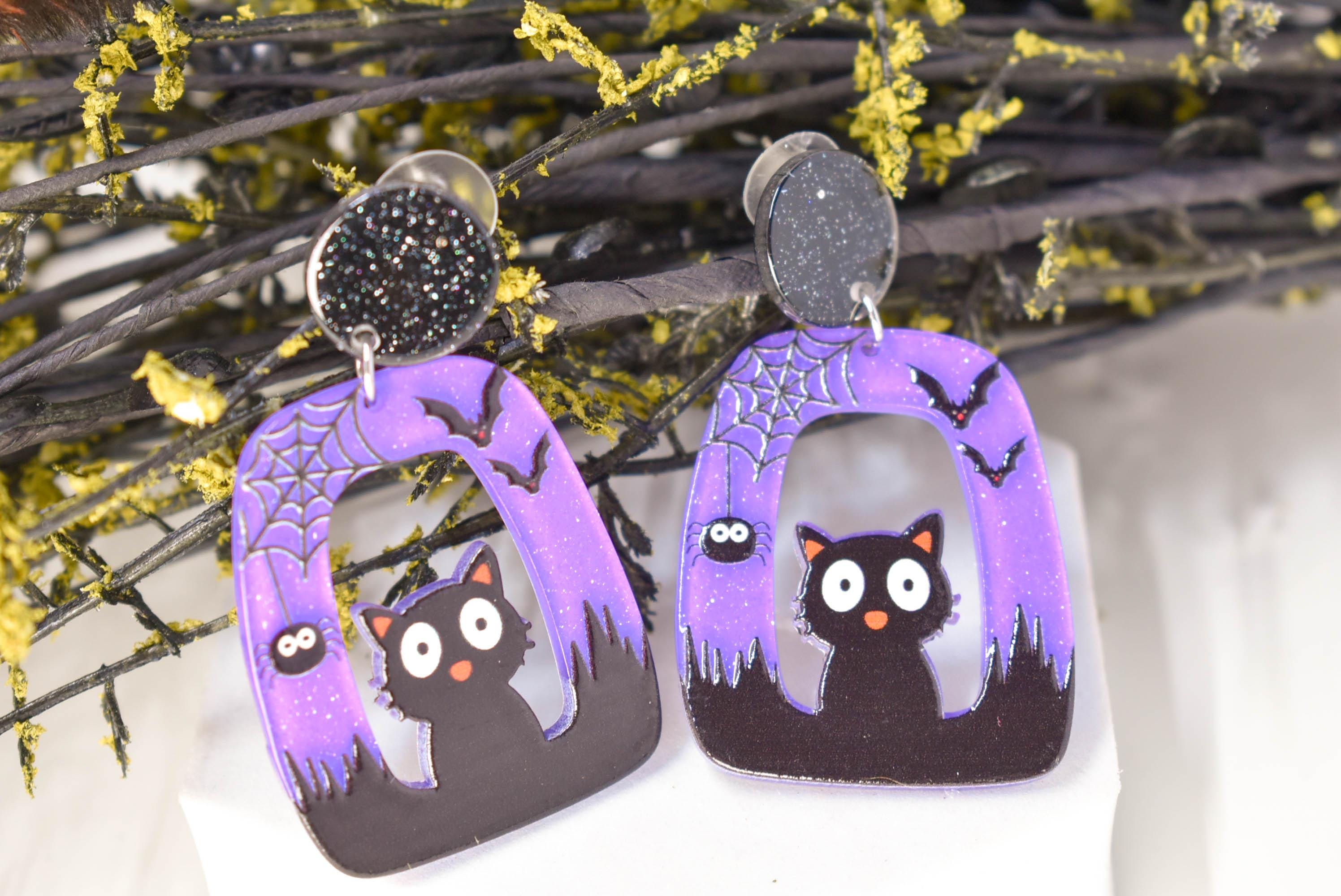 Abstract Shape Halloween Cute Cat Glitter Acrylic Purple Holiday Women Girls Dangle Earrings Emo Goth Steampunk