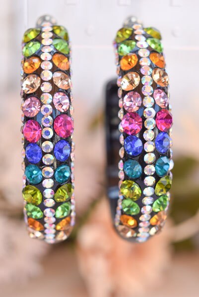 Black 5 Row Bling Statement Acrylic Lucite Multicolor Rhinestones 2" Women's Hoop Earrings Pageant Weddings Night Out Diva Pageant