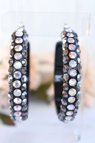 Black 3 Row Bling Statement Acrylic Lucite Hematite Gray/AB Rhinestones 2.5" Women's Hoop Earrings Pageant Weddings Night Out
