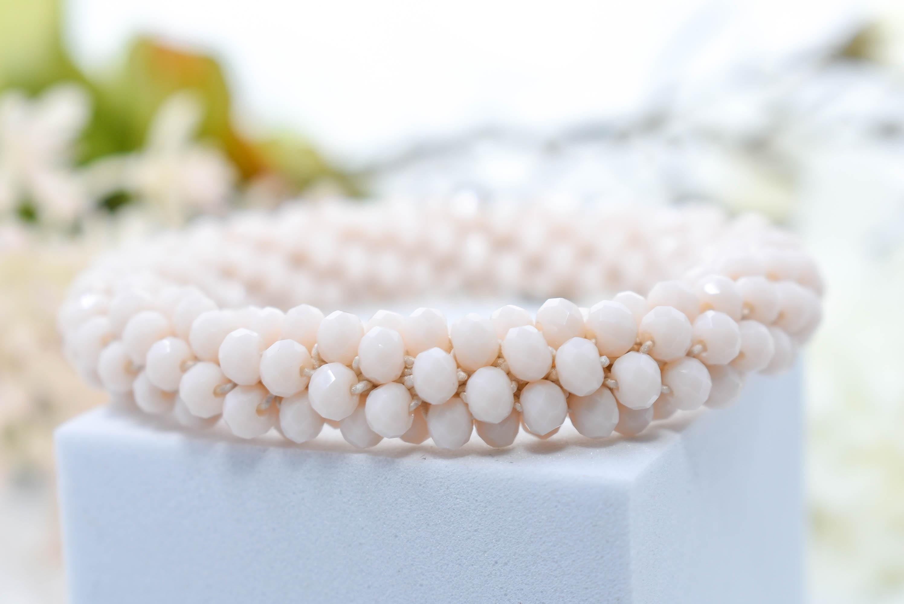 Elegant Ivory Cream Mini Glass Crystal Bead Cluster Stretch Bracelet