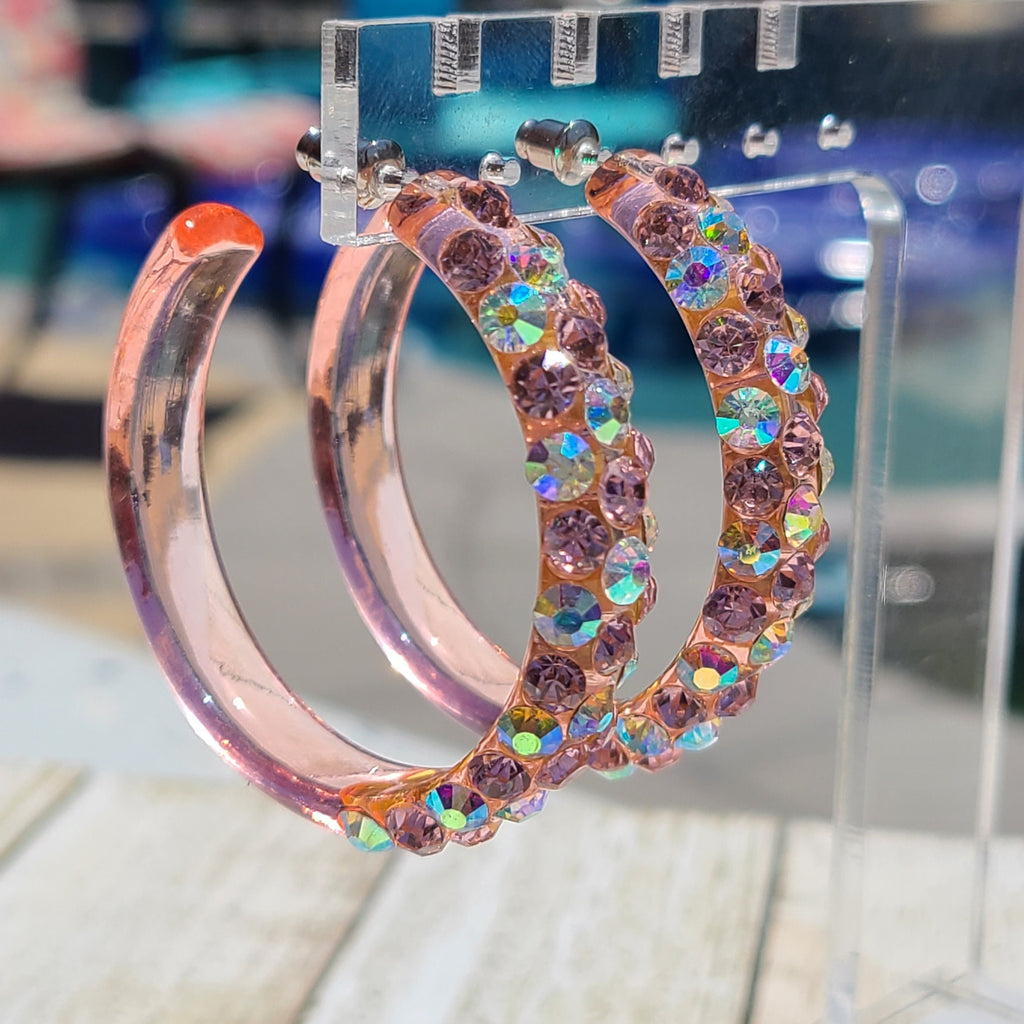 Translucent Pink Bling Statement Acrylic Lucite Clear Pink/AB Rhinestones 2" Women's Hoop Earrings Pageant Weddings Night Out