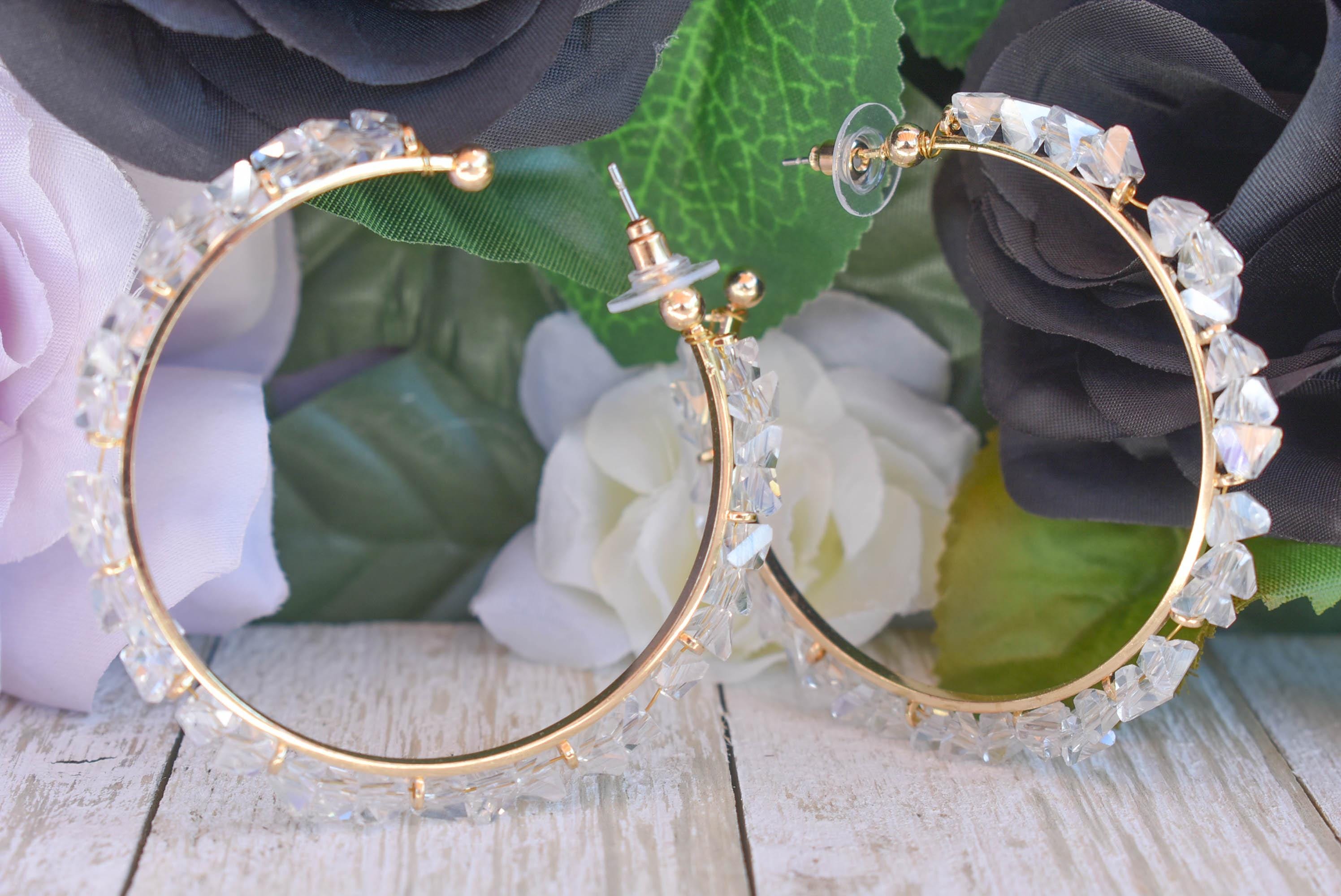 Statement Boho Clear Glass Pyramid Cut Beads 2.5" Gold Tone Hoop Earrings Stylish Jewelry Women's Fashion Diva Accessories