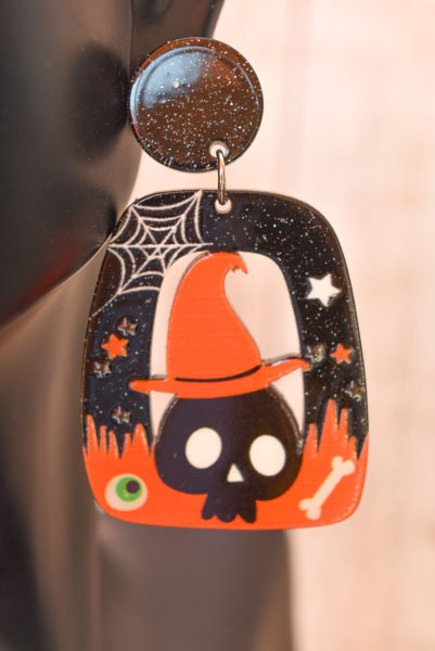 Abstract Shape Halloween Cute Skull Witch Hat Glitter Acrylic Holiday Women Girls Dangle Earrings Emo Goth Steampunk