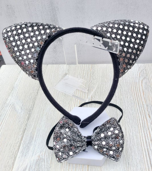 Halloween Costume Cosplay Sequin Style Silver/Black Cat Ears Headband and Matching Bow Tie Kids Adults Dress Up