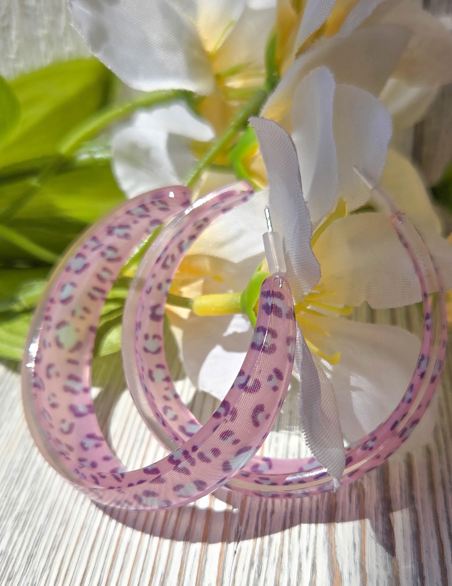 Translucent Pink Acetate Leopard Print Hoop Earrings 2" Stylish Statement Chic Hoops Animal Print Earrings