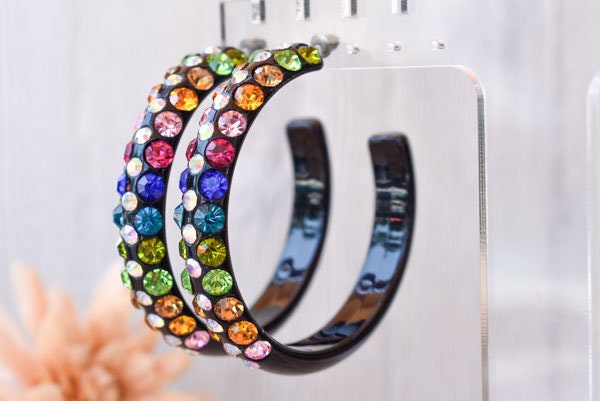 Black 3 Row Bling Statement Acrylic Lucite Multicolor Rhinestones 2.5" Women's Hoop Earrings Pageant Weddings Night Out