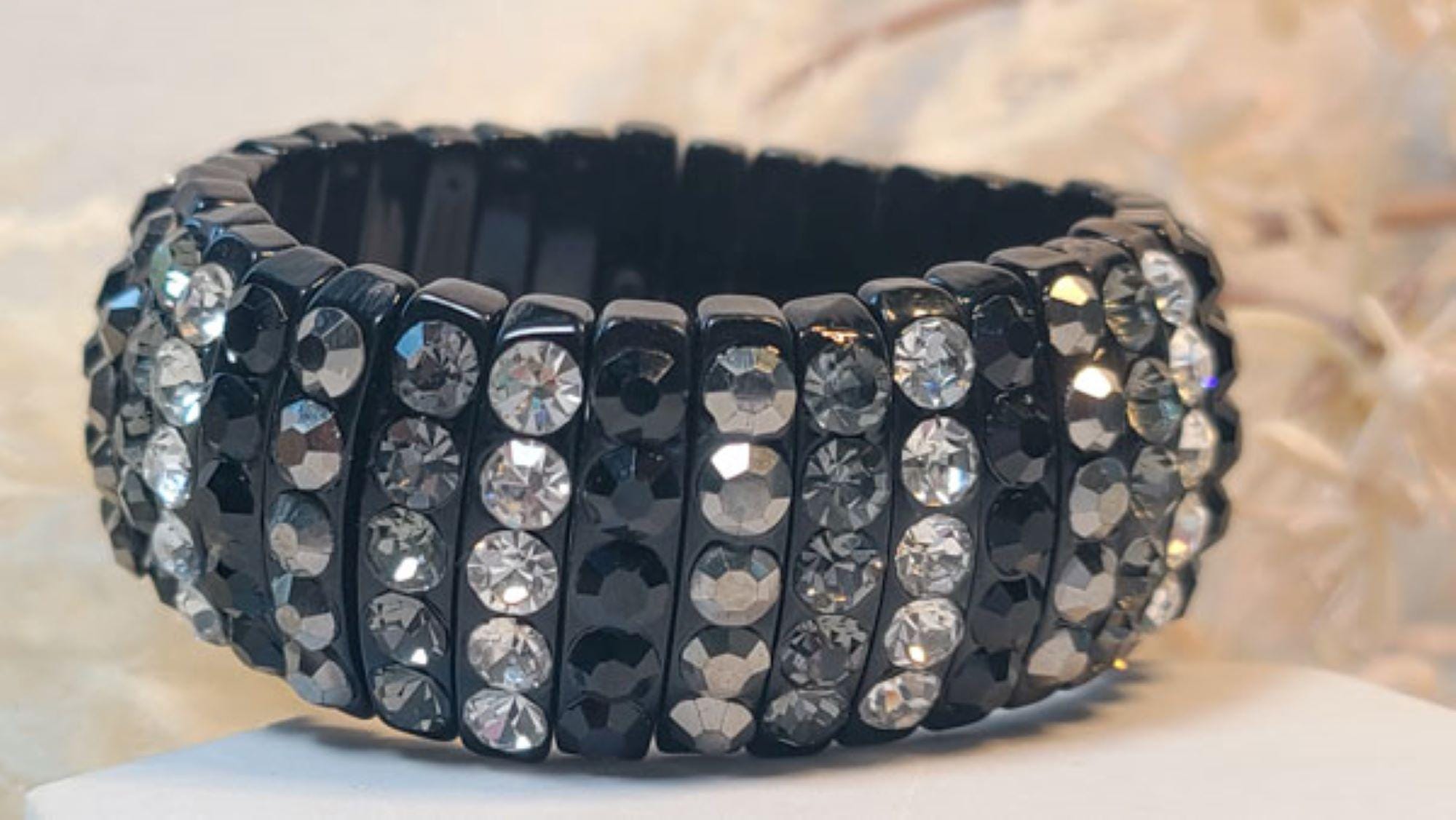 Black Stretch Segmented Bracelet with Smoke Gray, Hematite, Black and Clear Rhinestones Women's Fashion Statement Jewelry Pageant Night Out