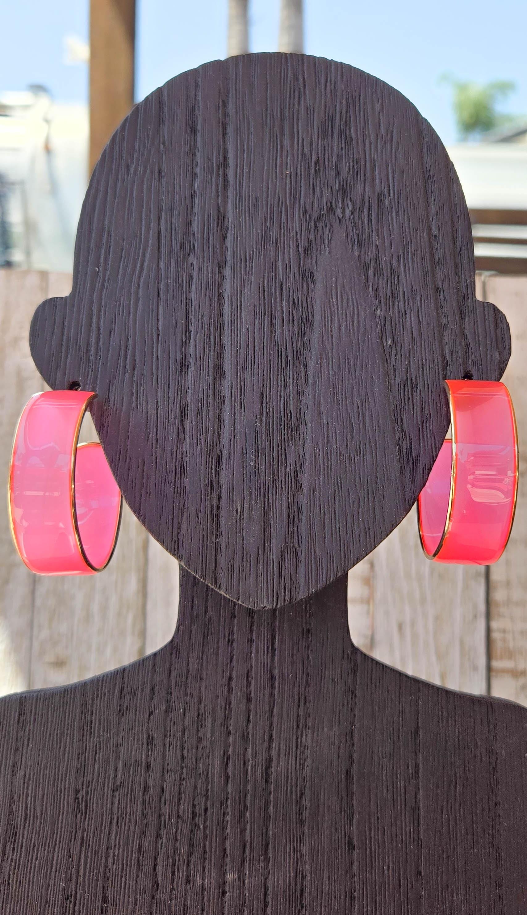 80's Fun Retro Vibes Gold Color Trim Translucent Neon Pink Boho Statement Hoop Earrings