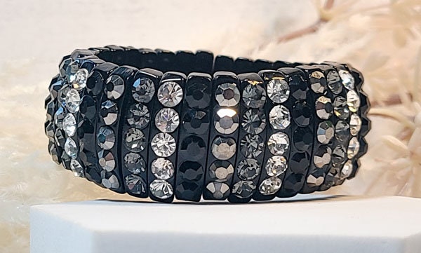 Black Stretch Segmented Bracelet with Smoke Gray, Hematite, Black and Clear Rhinestones Women's Fashion Statement Jewelry Pageant Night Out