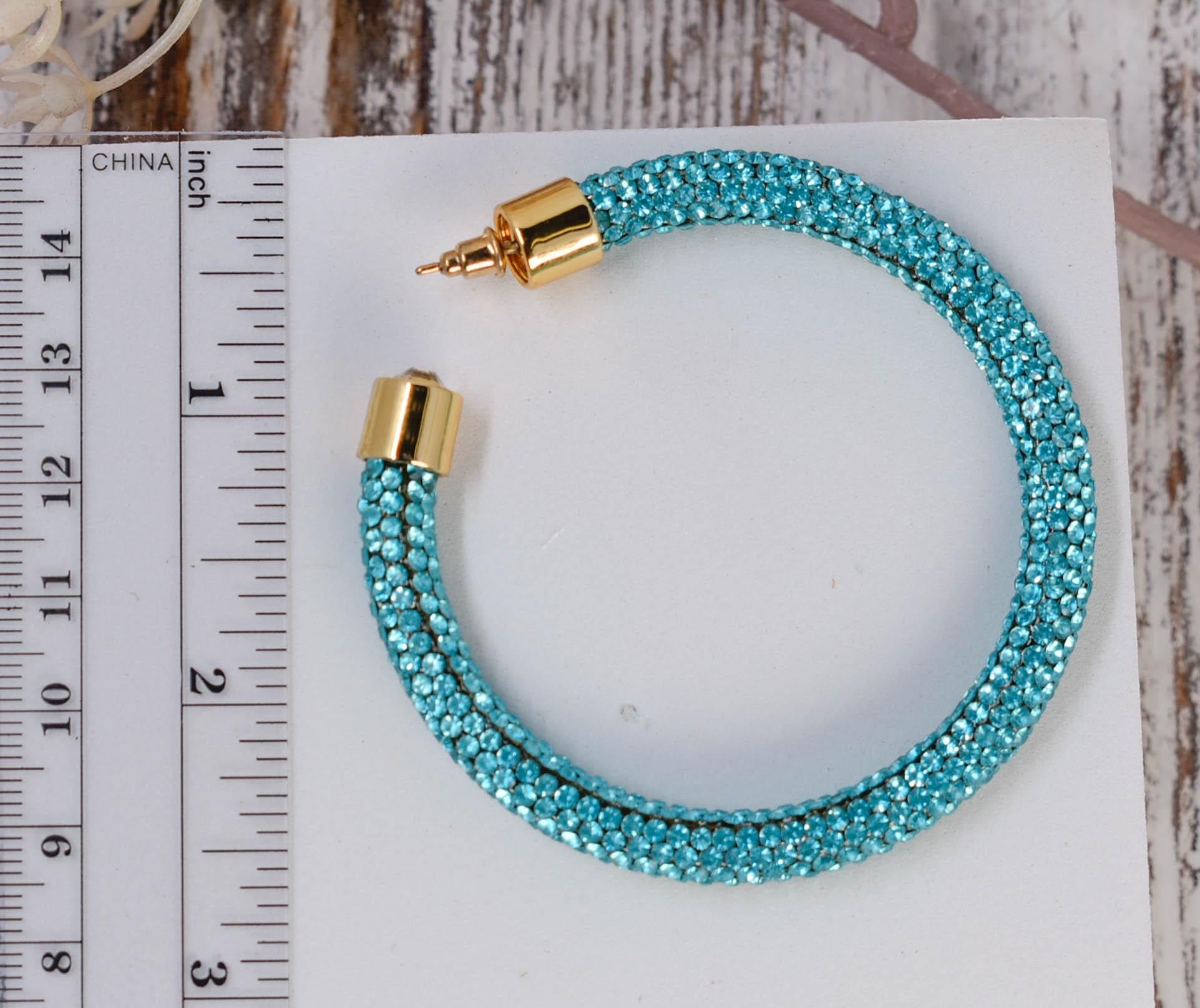 2.5" Ladies Bohemian Blue  Rhinestone Sparkle Wrap Pave Open Hoop Earrings Stone Accent Women Party Night Out