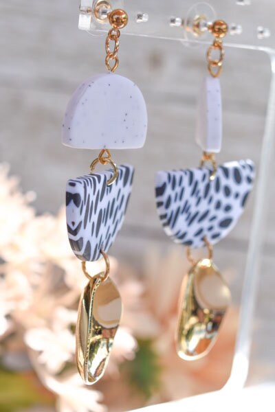 Boho Fashion Statement Handmade Polymer Clay "Aria Dalmatian" Dangle Drop Earrings Gifts Women Polka Dot