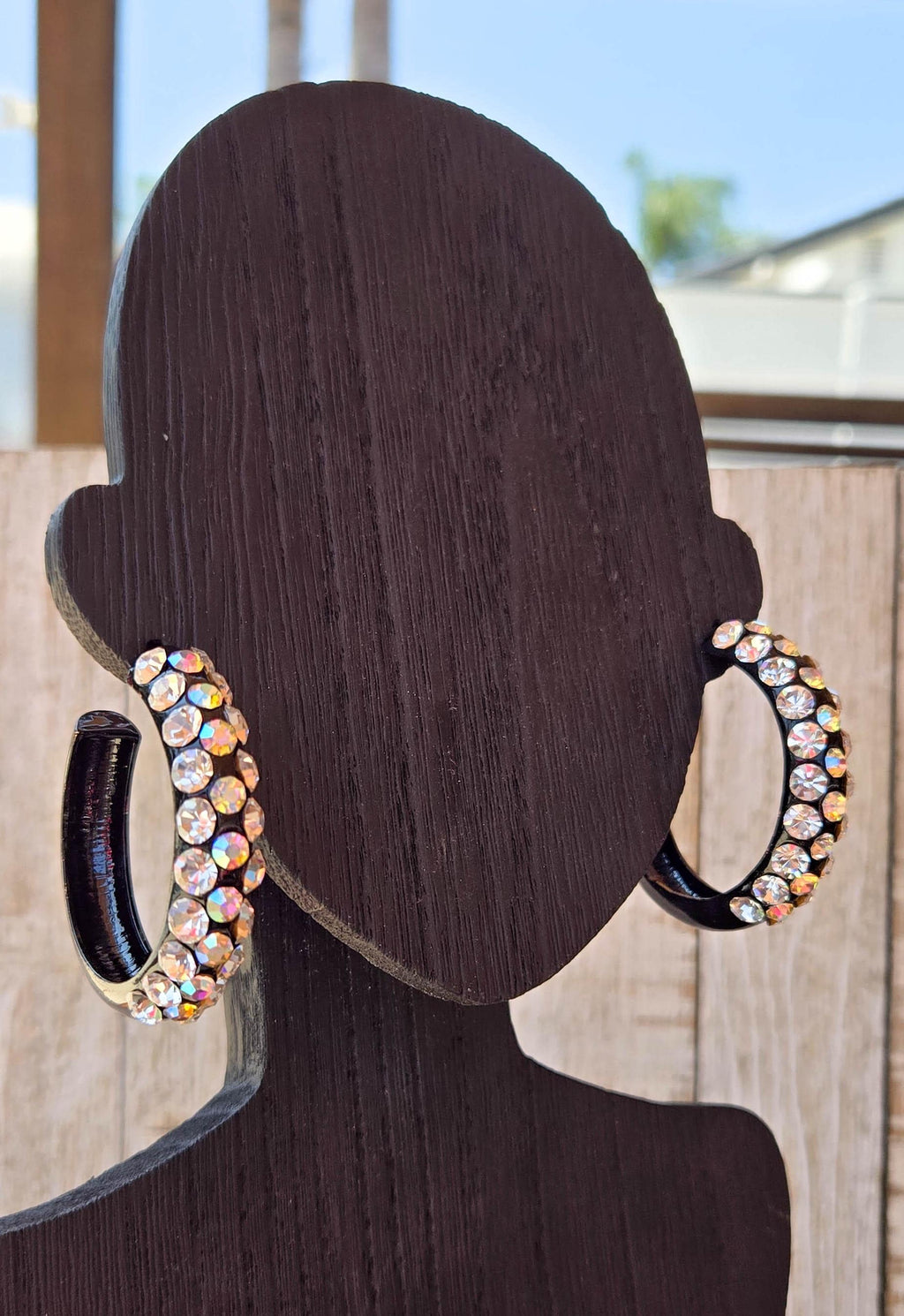 AB & Clear Large Rhinestones Bling Statement 1.75" Black Metal Hoop Earrings Night Out Boujee Evening Special Occasion Women's Jewelry