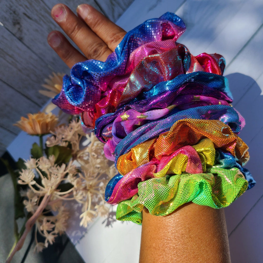 Set of 10 Retro 80's Metallic Hair Pony Tail Scrunchies for Women, Summer Hair Ties, Hair Accessories for Long Hair