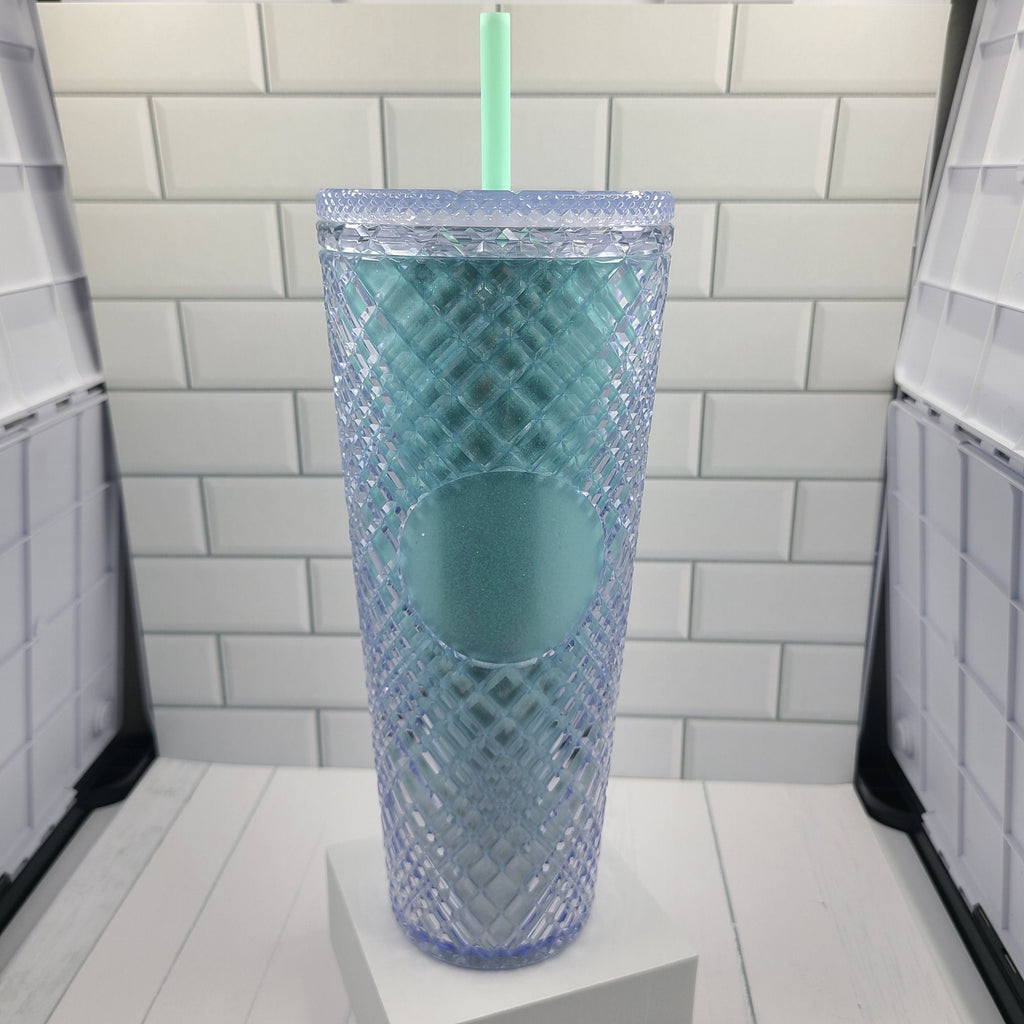 24oz Mint Shimmery Diamond Grid Studded Textured To Go Travel Tumbler Cup Blank Center Circle with Lid and Straw BPA Free