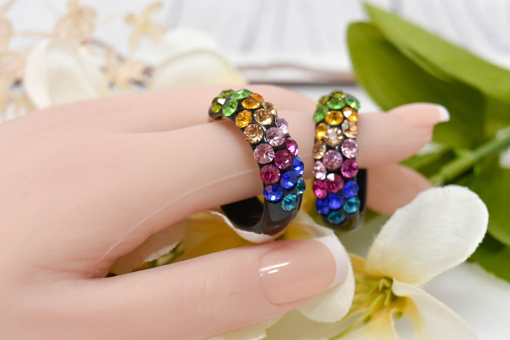 Black Diagonal Pattern Bling Lucite Vivid Multicolor Rhinestones 1.25" Hoop Earrings Pageant Weddings Night Out