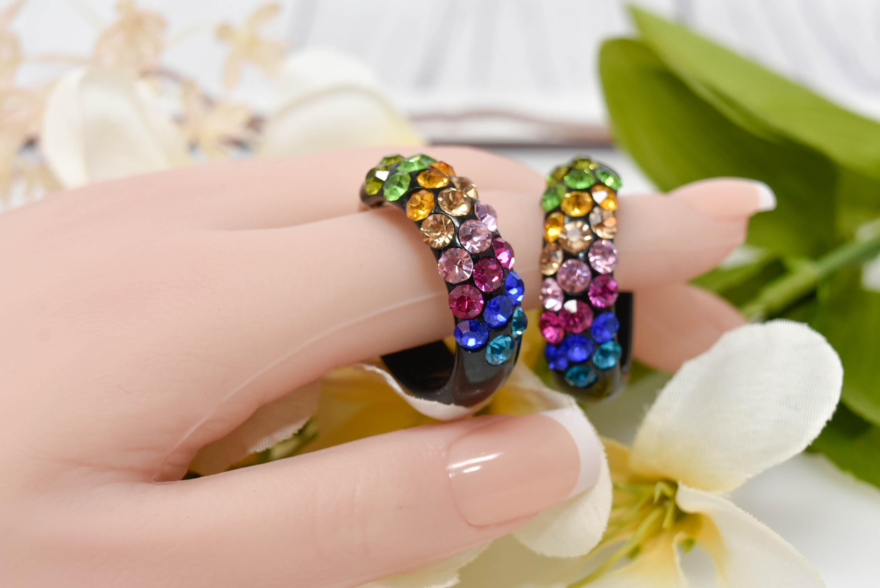Black Diagonal Pattern Bling Lucite Vivid Multicolor Rhinestones 1.25" Hoop Earrings Pageant Weddings Night Out