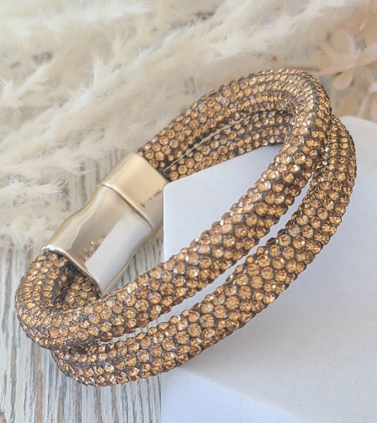 Topaz Gold Color Pave Rhinestones Flexible Cuff Bangle Magnetic Bracelet Statement Bling Fashion Pageant Night Out Wedding