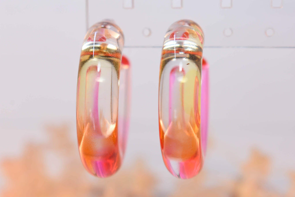 Translucent Gradient Amber Orange Pink Boho Semi Chunky Lucite Ombre Jelly 1.5" Hoop Earrings