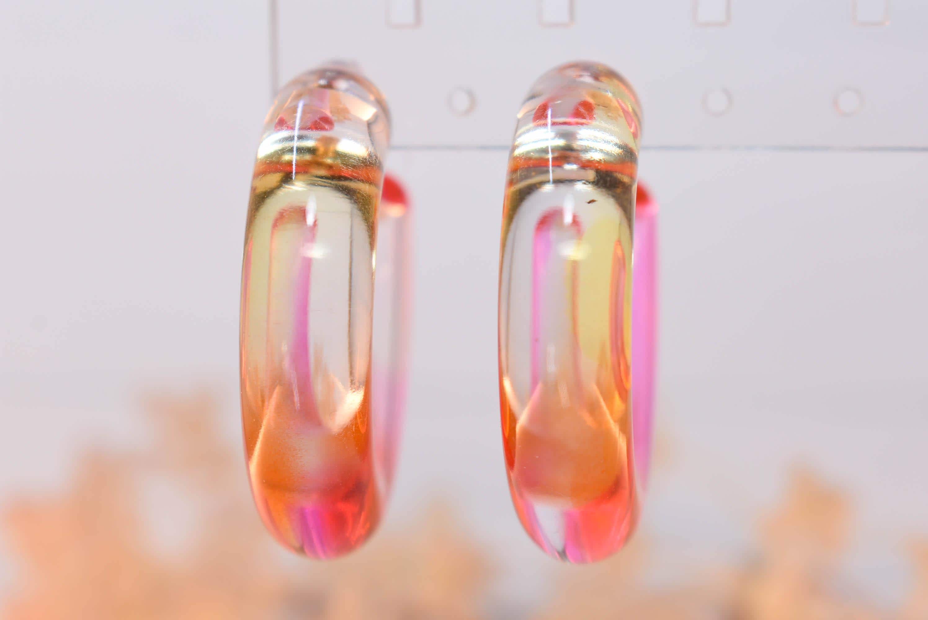 Translucent Gradient Amber Orange Pink Boho Semi Chunky Lucite Ombre Jelly 1.5" Hoop Earrings
