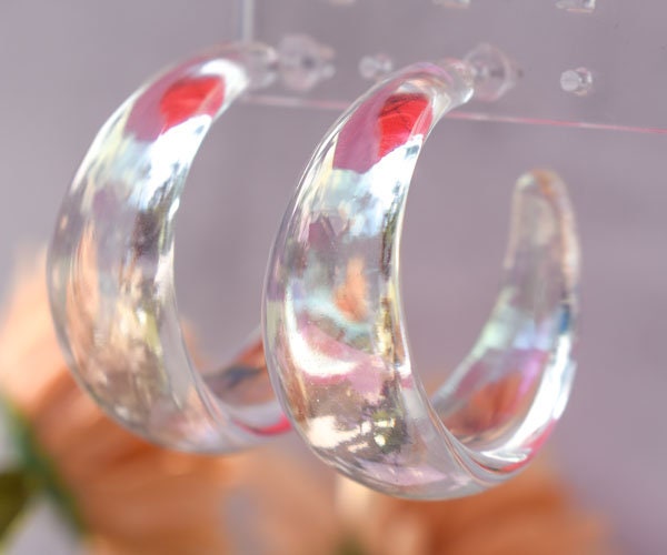 Translucent Iridescent Film Coating Clear Boho Women's Semi Wide Hoop Earrings