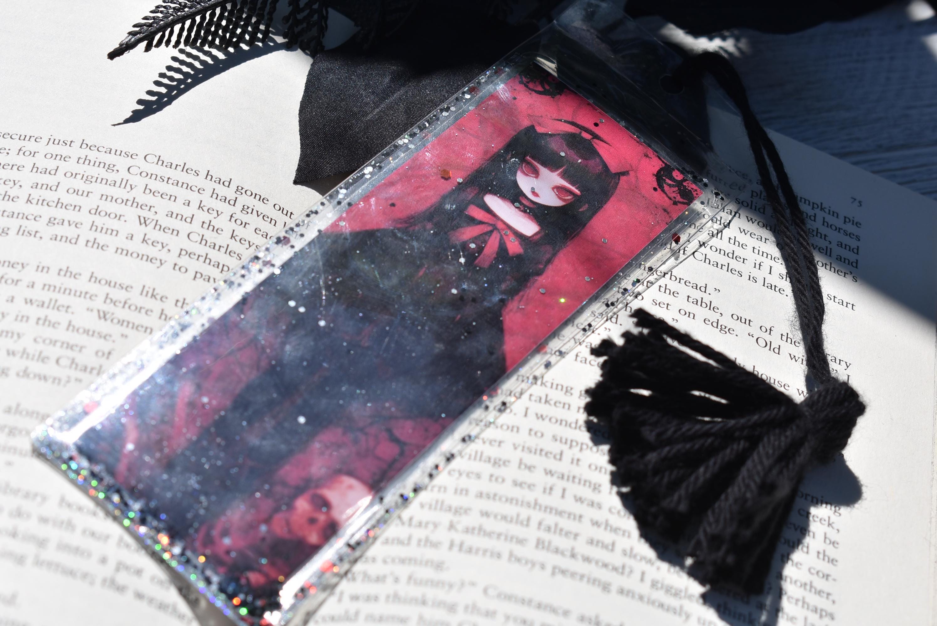 Double Side Print Gothic Girl Glitter & Sequin Shaker Bookmark Book Lovers Stocking Stuffer Gifts Kids Halloween Dark Mood