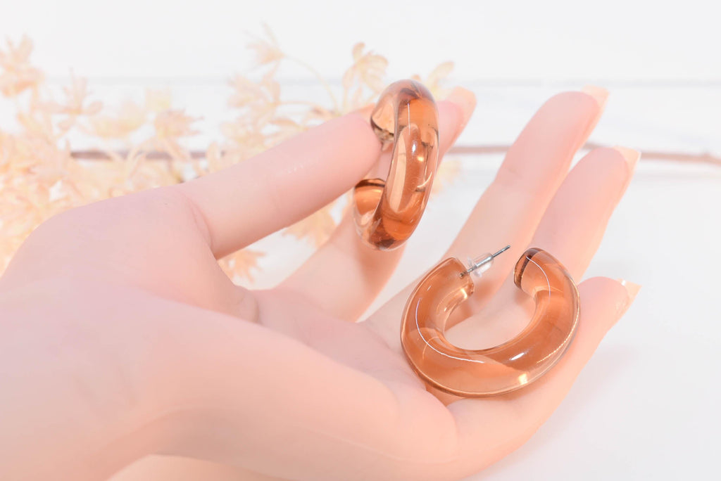 Translucent Light Amber Retro Boho Semi Chunky Lucite Jelly 1.5" Hoop Earrings