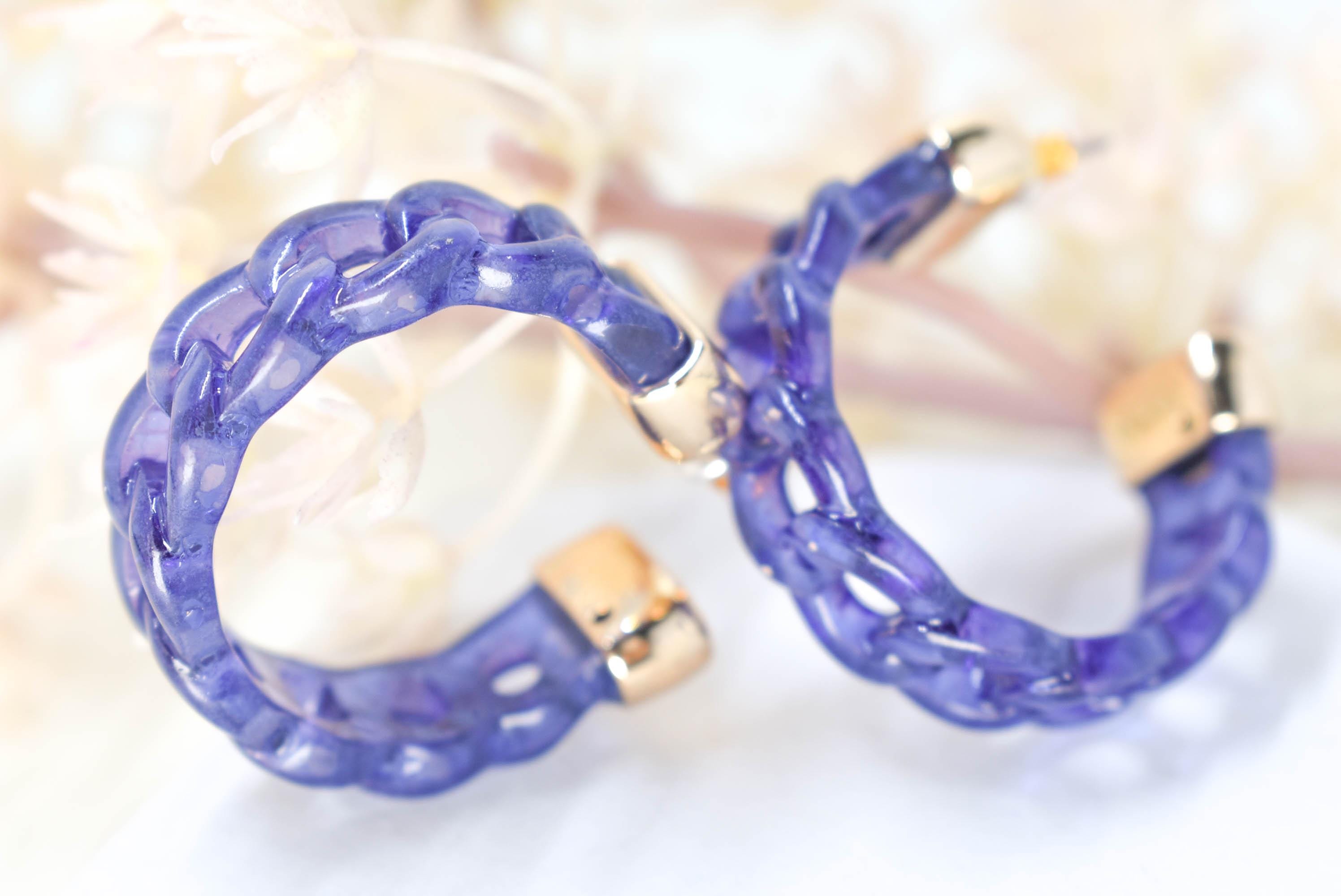 Boho 1.25" Clear Purple Blue Chain Link Lucite Translucent Hoop Earrings Stylish Gifts Women Fashion
