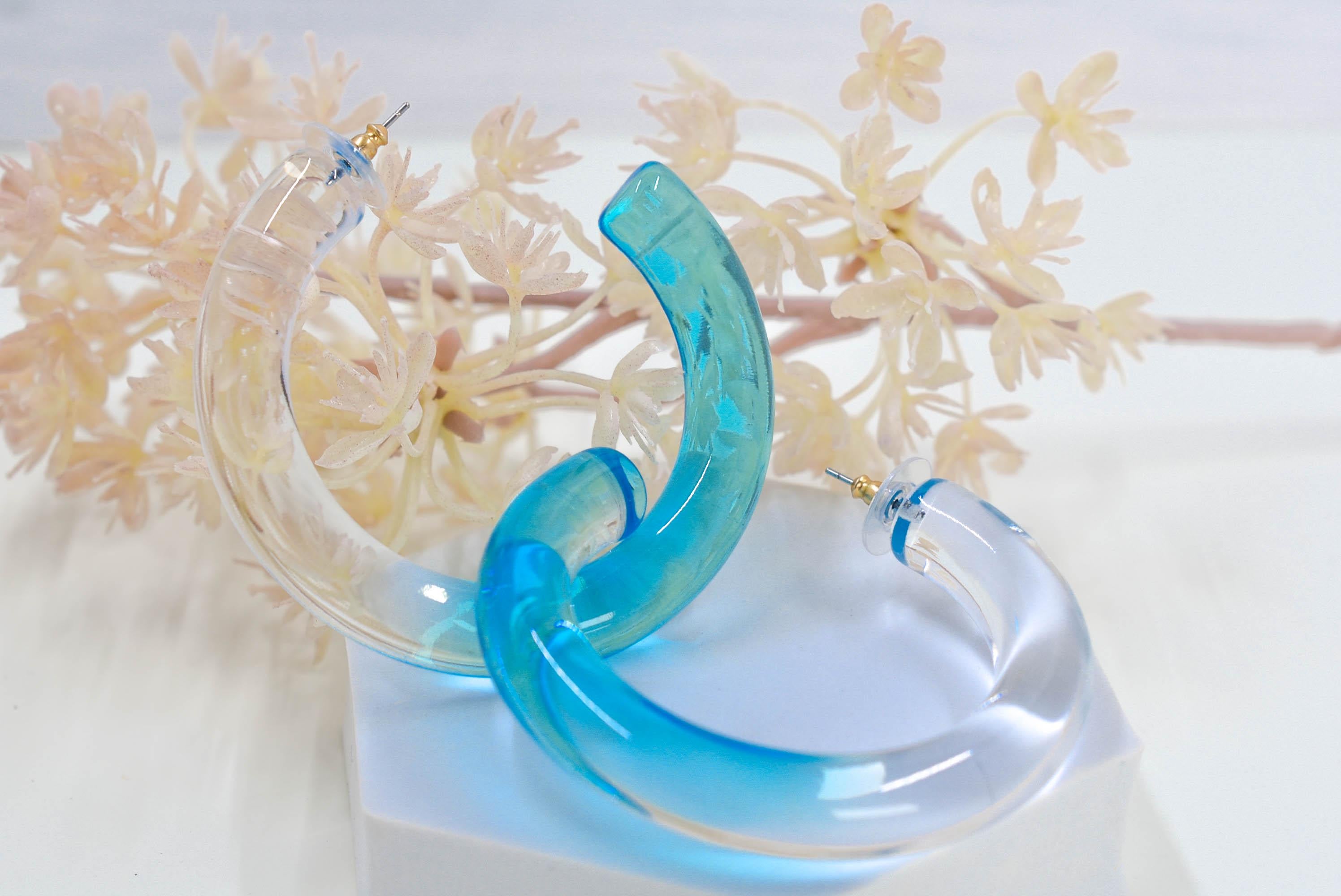 Translucent Gradient Clear & Light Blue Retro Boho Statement Chunky Lucite Ombre Hoop Earrings Fun Earrings Costume Accessories Womens Hoops