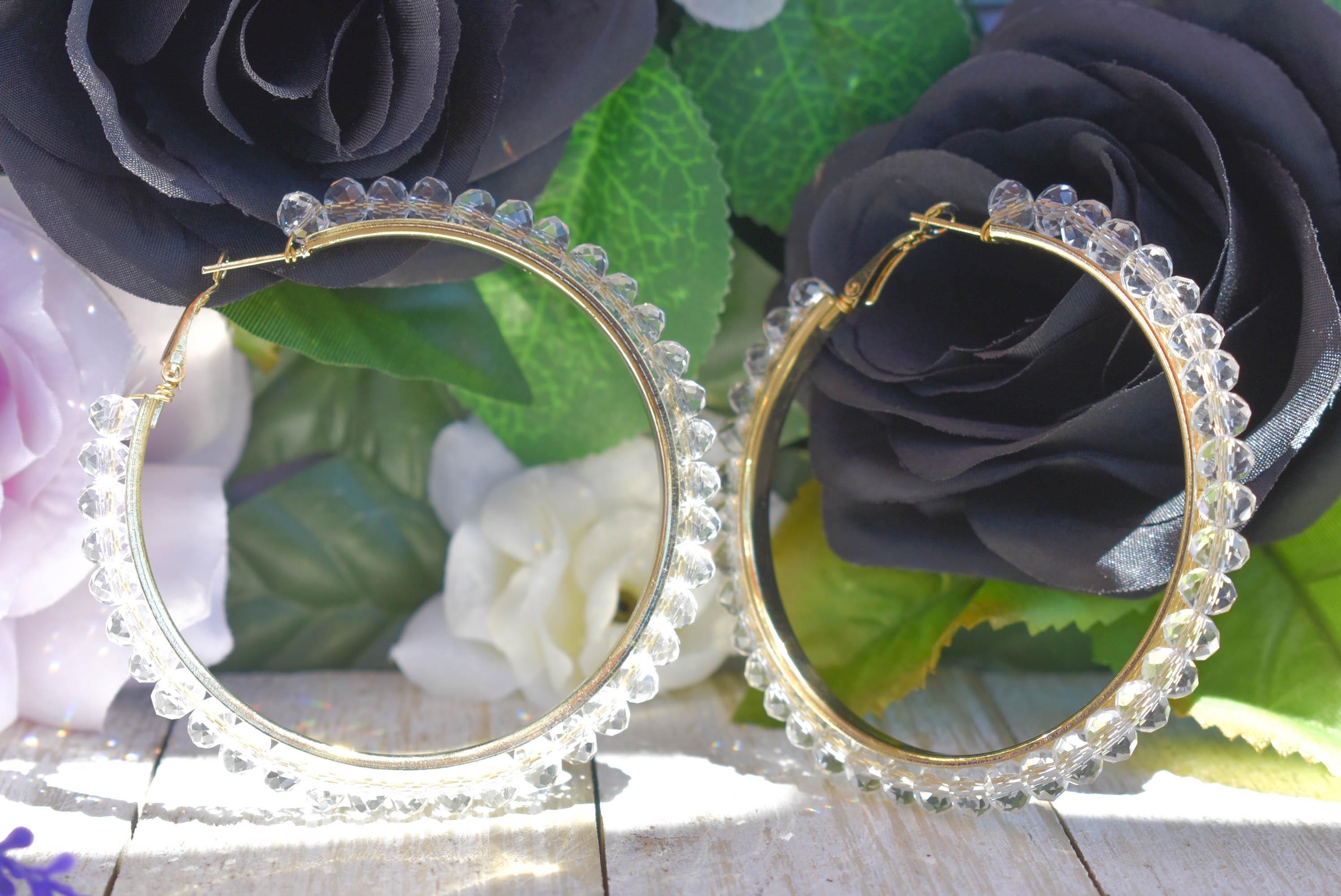 Statement Boho Clear Crystal Glass Beads 2.75" Gold Tone Hoop Earrings Stylish Jewelry Women's Fashion Diva Accessories Pageants