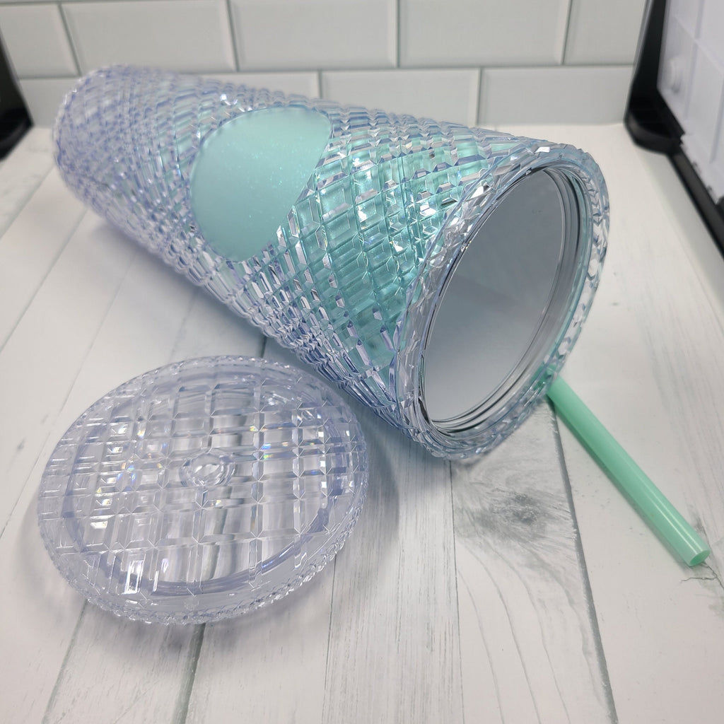 24oz Mint Shimmery Diamond Grid Studded Textured To Go Travel Tumbler Cup Blank Center Circle with Lid and Straw BPA Free