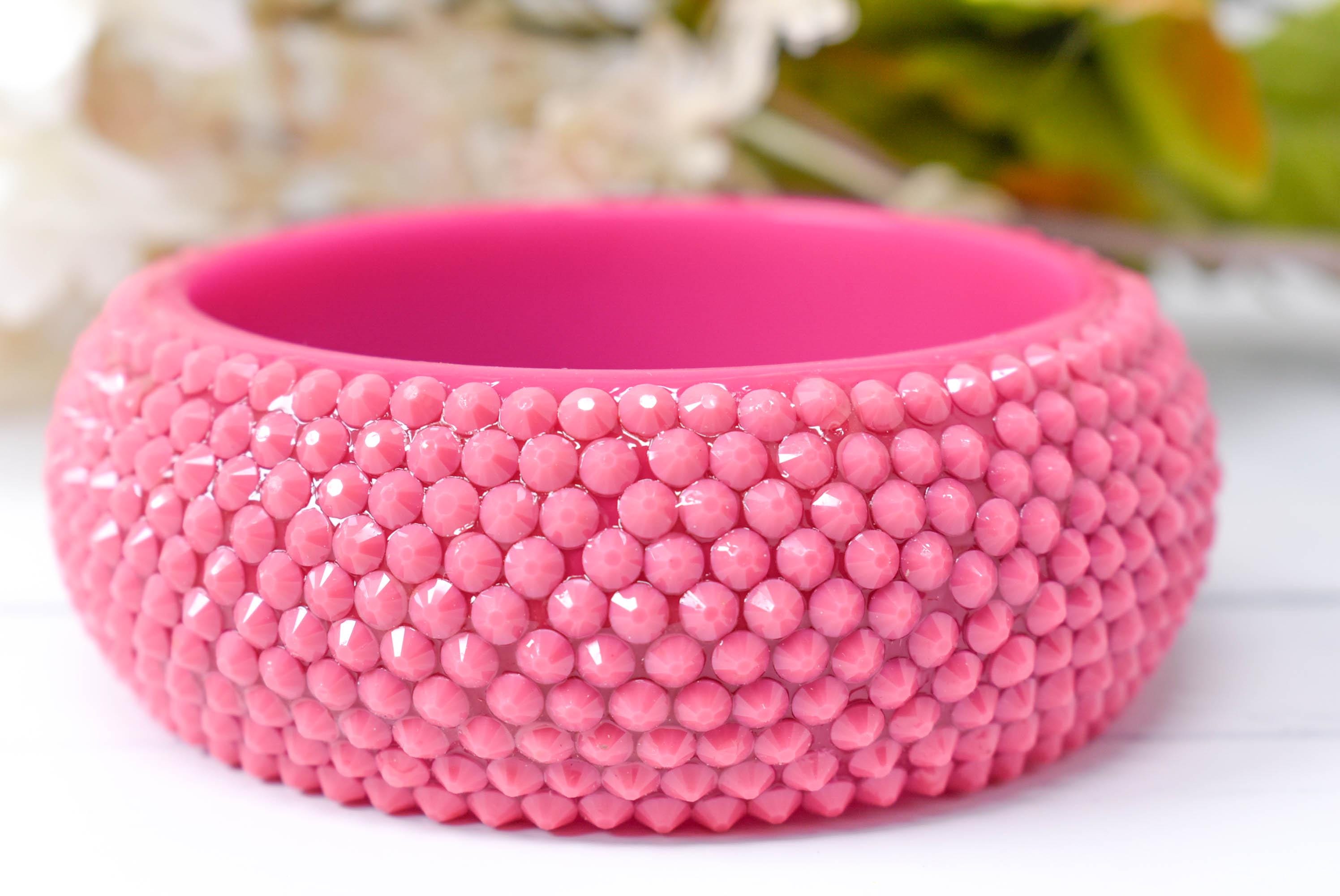 Retro Neon Pink Chunky Rhinestone Embellished Summer Bangle Bracelet