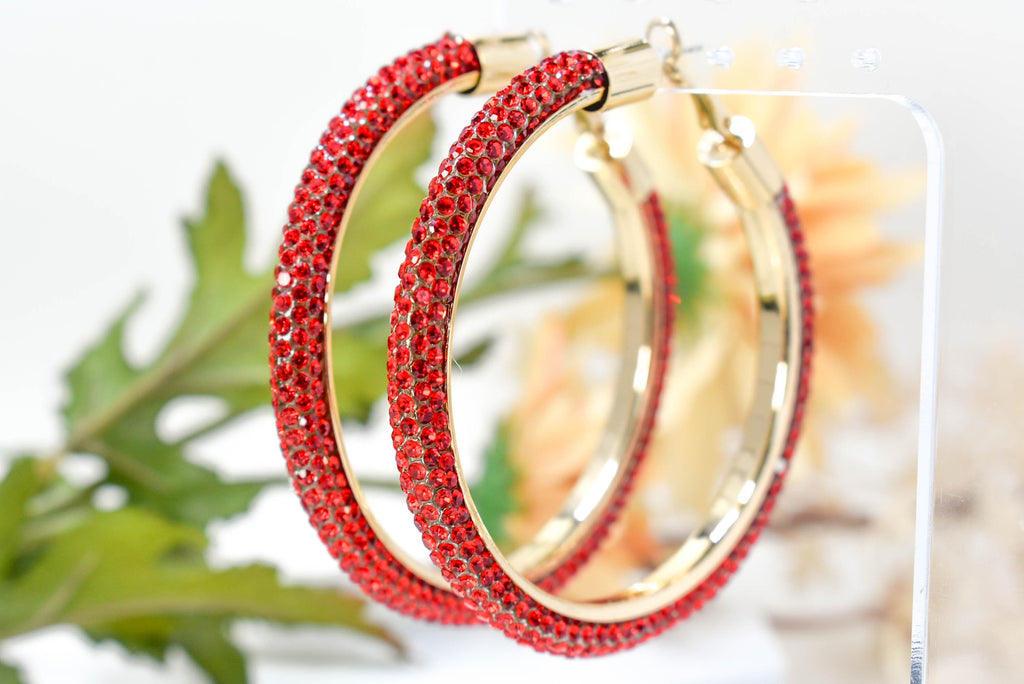 2.5" Large Red Bling Diva Pave Resin Set Rhinestone Hoop Earrings Women Party Night Out