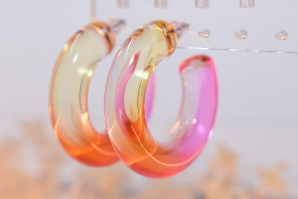 Translucent Gradient Amber Orange Pink Boho Semi Chunky Lucite Ombre Jelly 1.5" Hoop Earrings