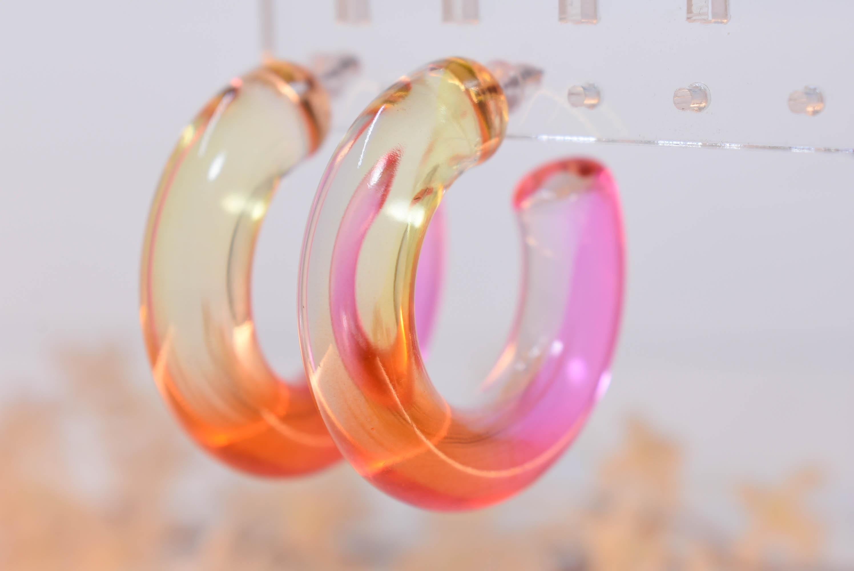 Translucent Gradient Amber Orange Pink Boho Semi Chunky Lucite Ombre Jelly 1.5" Hoop Earrings