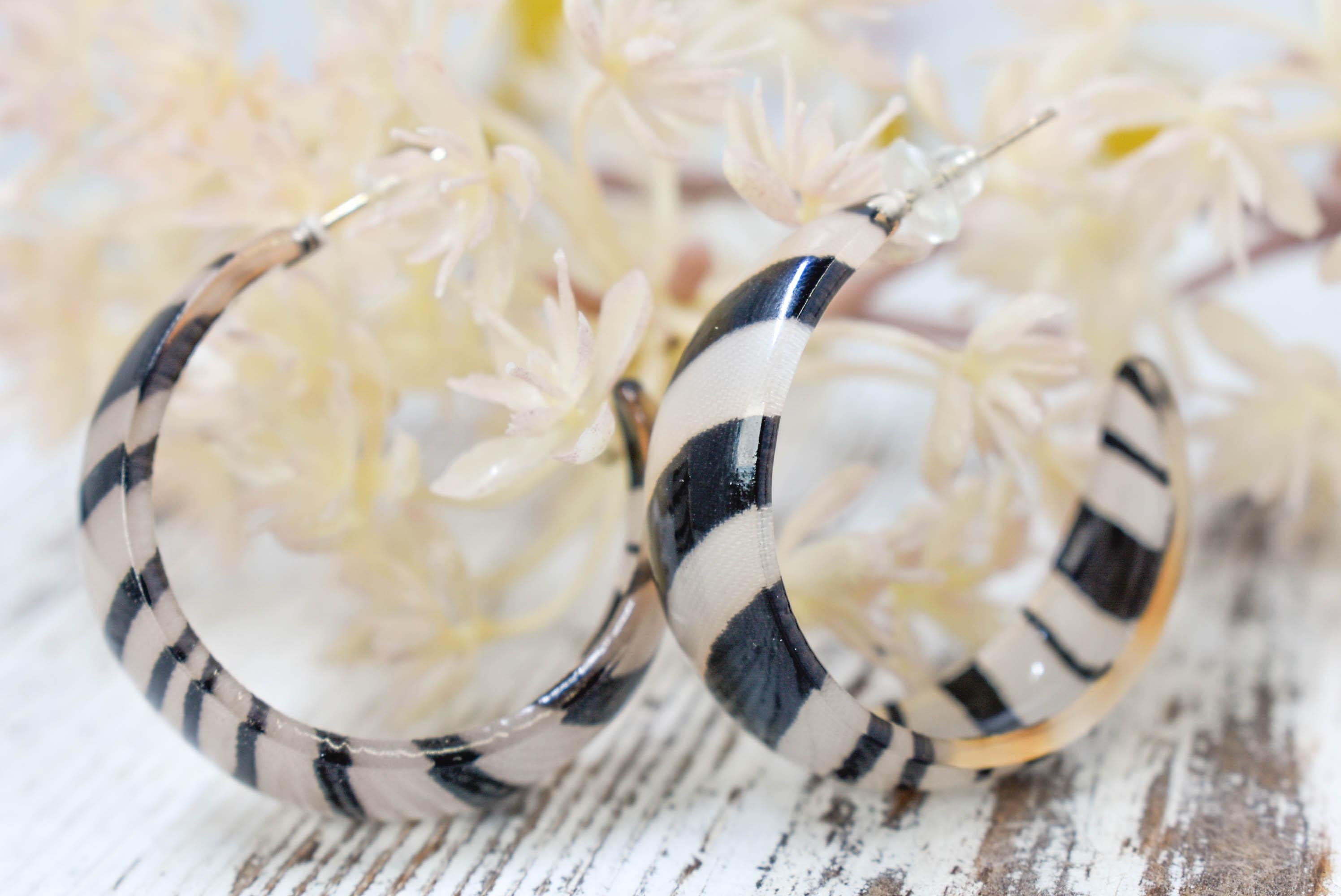 Statement Zebra Print Safari Jungle Translucent Boho Women's Semi Wide Hoop Earrings