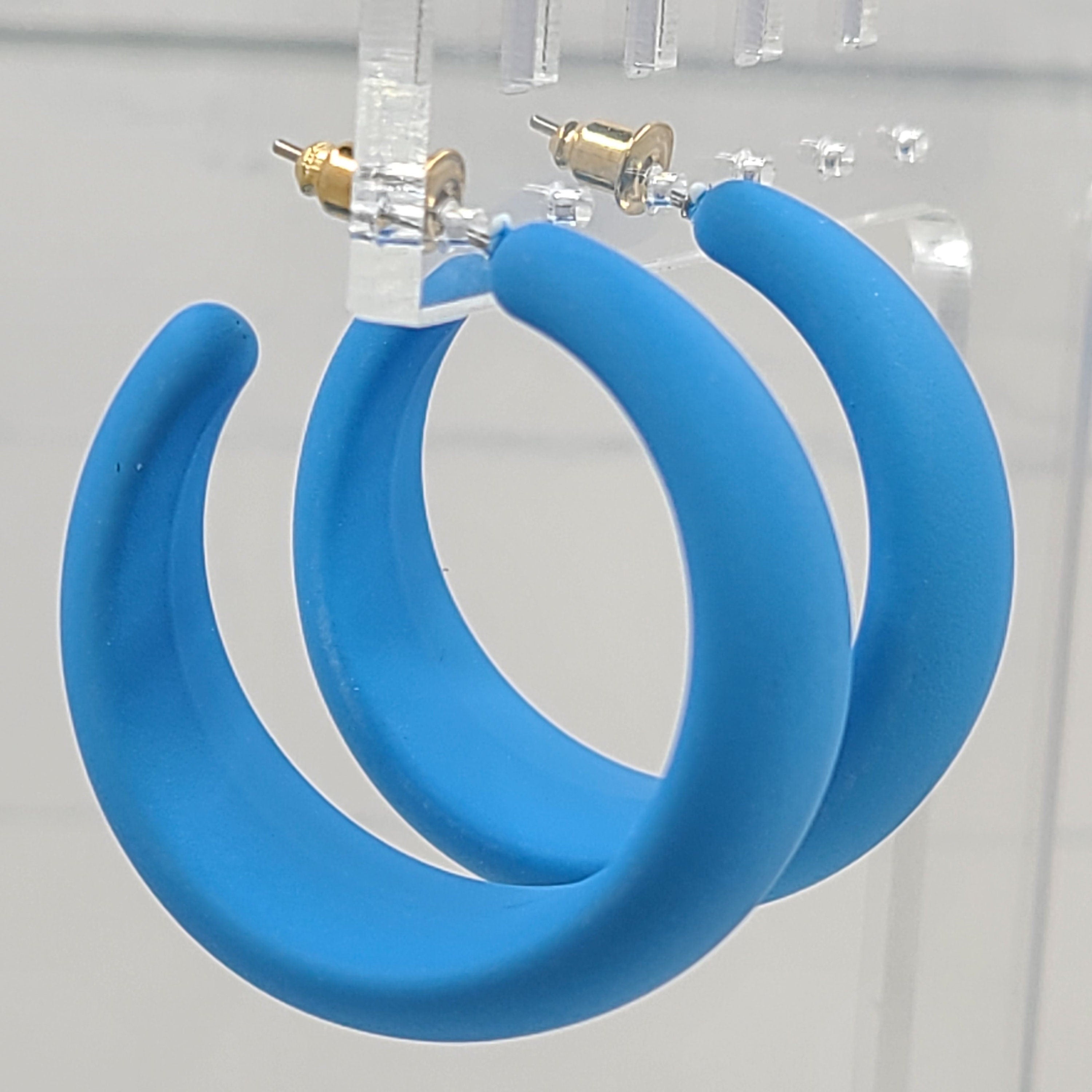 Blue 80's Retro Smooth Matte Texture 1.5" Semi Wide Fashion Hoop Earrings