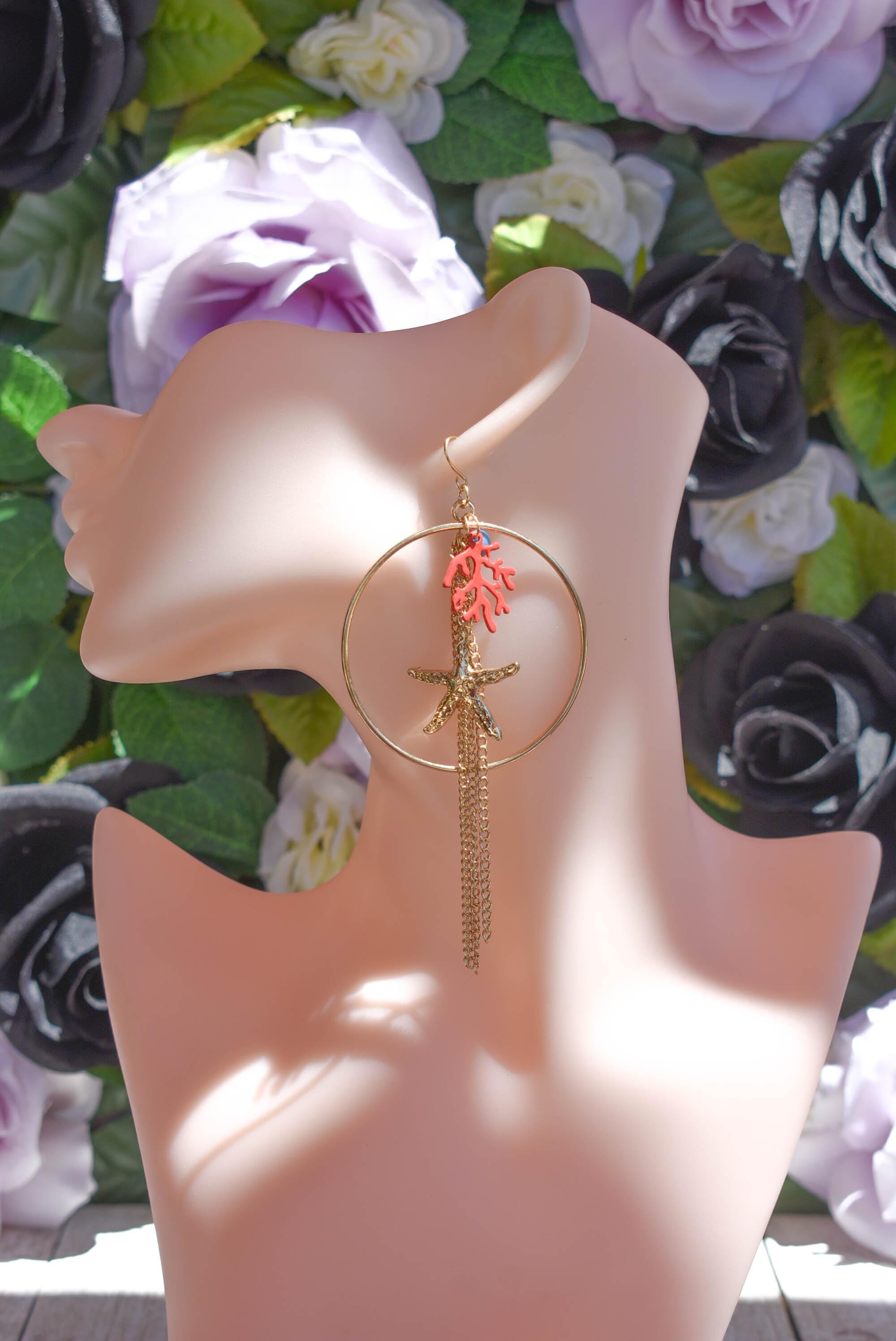 Summer Beach 4" Dangle Drop Sea Life Charm Starfish Coral Chain Dangle Earrings Gold Color Statement Earrings Bohemian