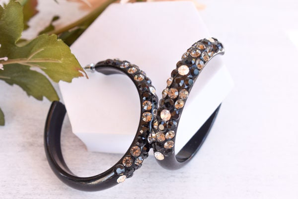 Black Diagonal Pattern Statement Acrylic Lucite Clear-Smoke-Black Rhinestones 2.5" Women's Hoop Earrings Pageant Weddings Night Out