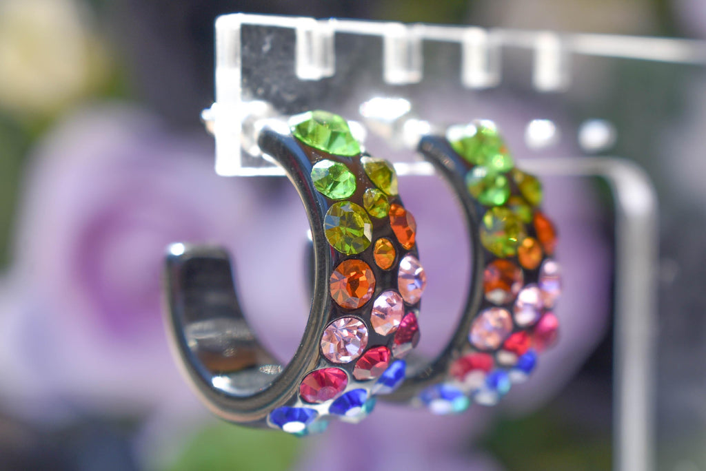 Black Bling Statement Semi Wide Multicolor Diagonal Rhinestones 1" Women's Hoop Earrings Pageant Weddings Night Out Diva Pageant