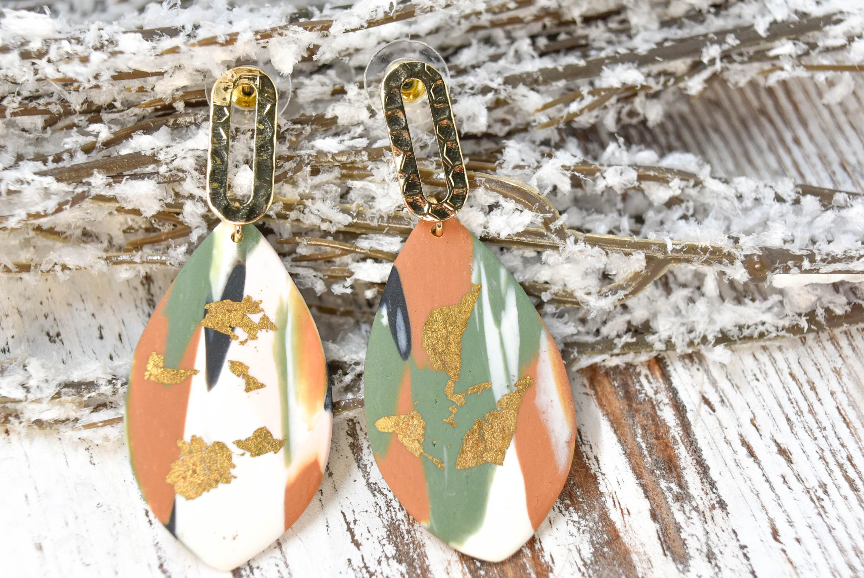 Boho Fashion Statement Handmade Camouflage Polymer Clay Gold Flakes "Abby Army" Dangle Drop Earrings Gifts Women