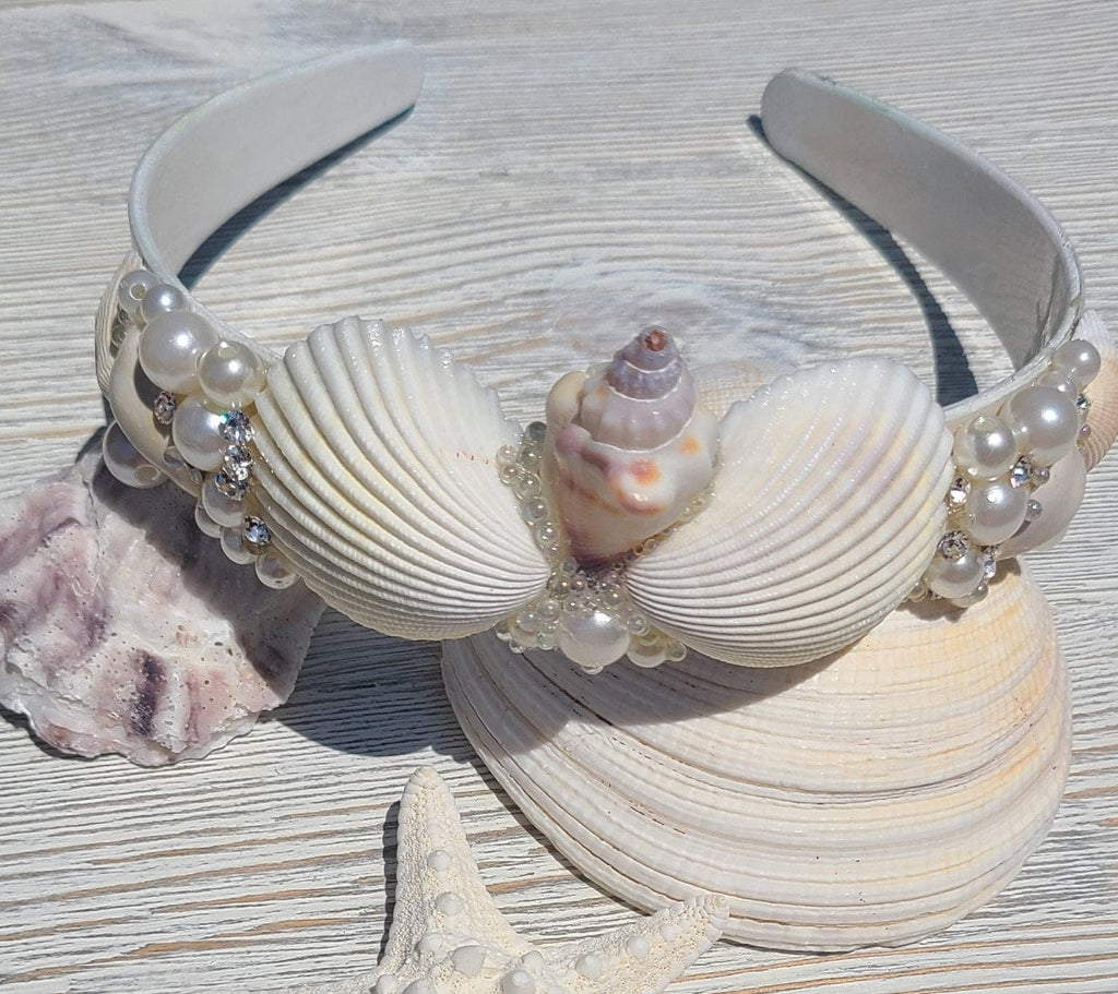 Handmade Seashell Bridal Headband: Pearl & Rhinestone Boho Wedding