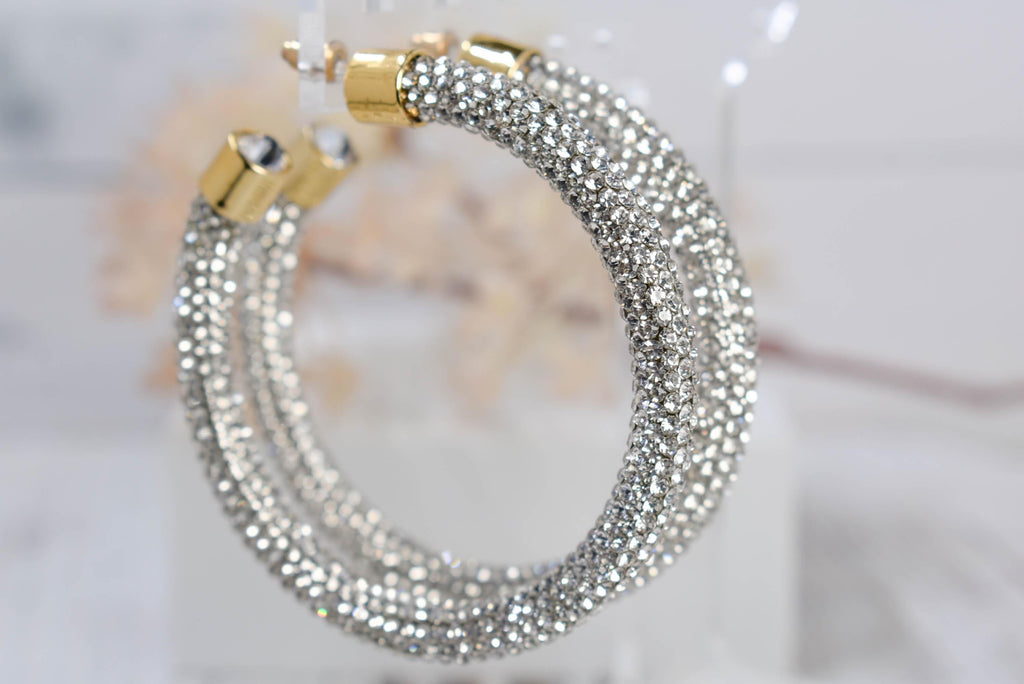 2.5" Ladies Bohemian Clear Rhinestone Sparkle Wrap Pave Open Hoop Earrings Stone Accent Women Party Night Out
