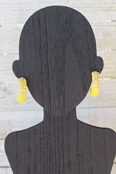 Yellow 3 Row Bling Statement Acrylic Lucite AB/Clear Rhinestones 1" Women's Hoop Earrings Pageant Weddings Night Out Diva Pageant