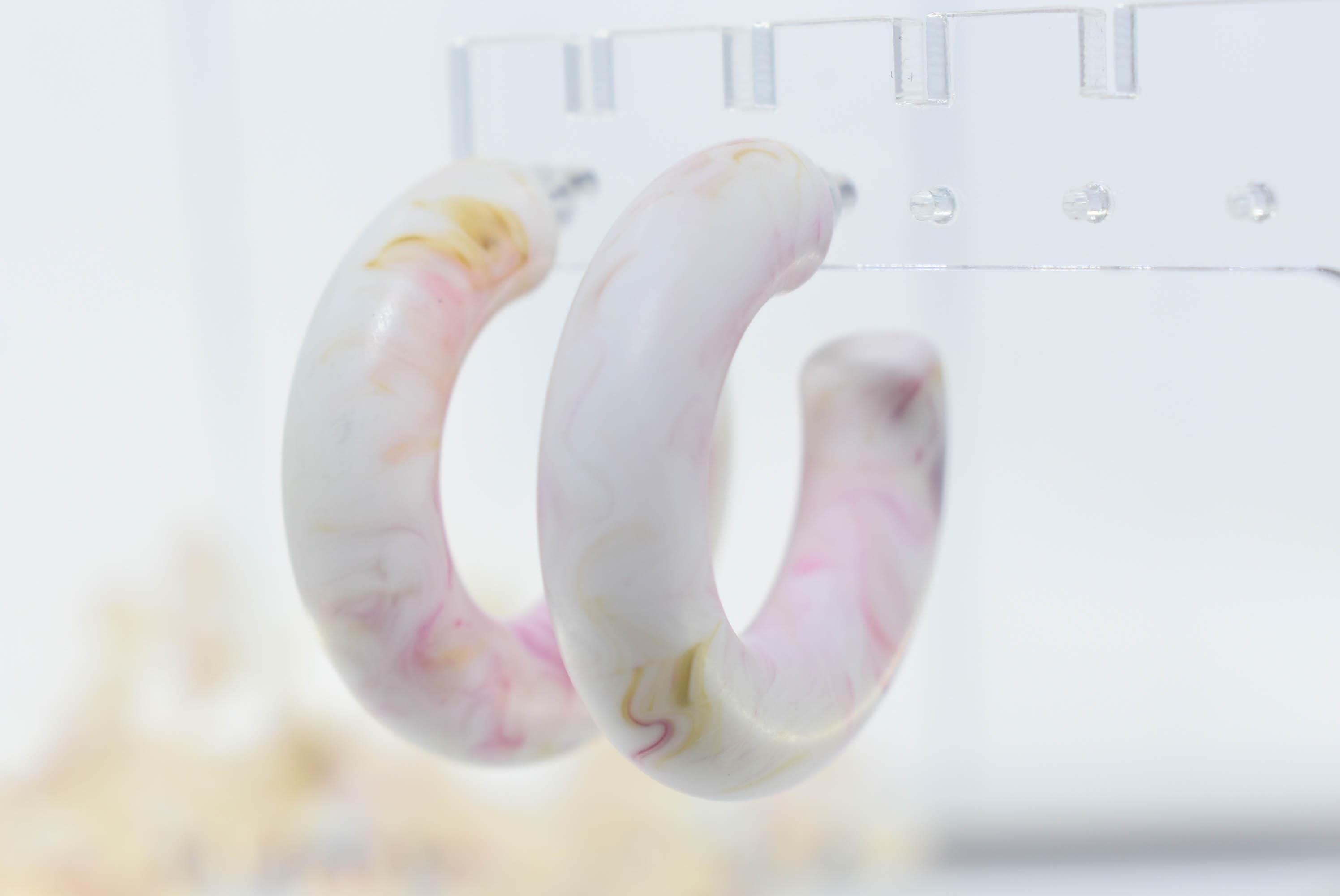 White Marbled Color Bohemian Retro Lightweight Lucite 1.5" Semi Chunky Hoop Earrings Womans Gift Dress Night Out