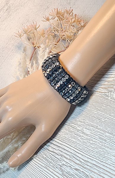 Black Stretch Segmented Bracelet with Smoke Gray, Hematite, Black and Clear Rhinestones Women's Fashion Statement Jewelry Pageant Night Out