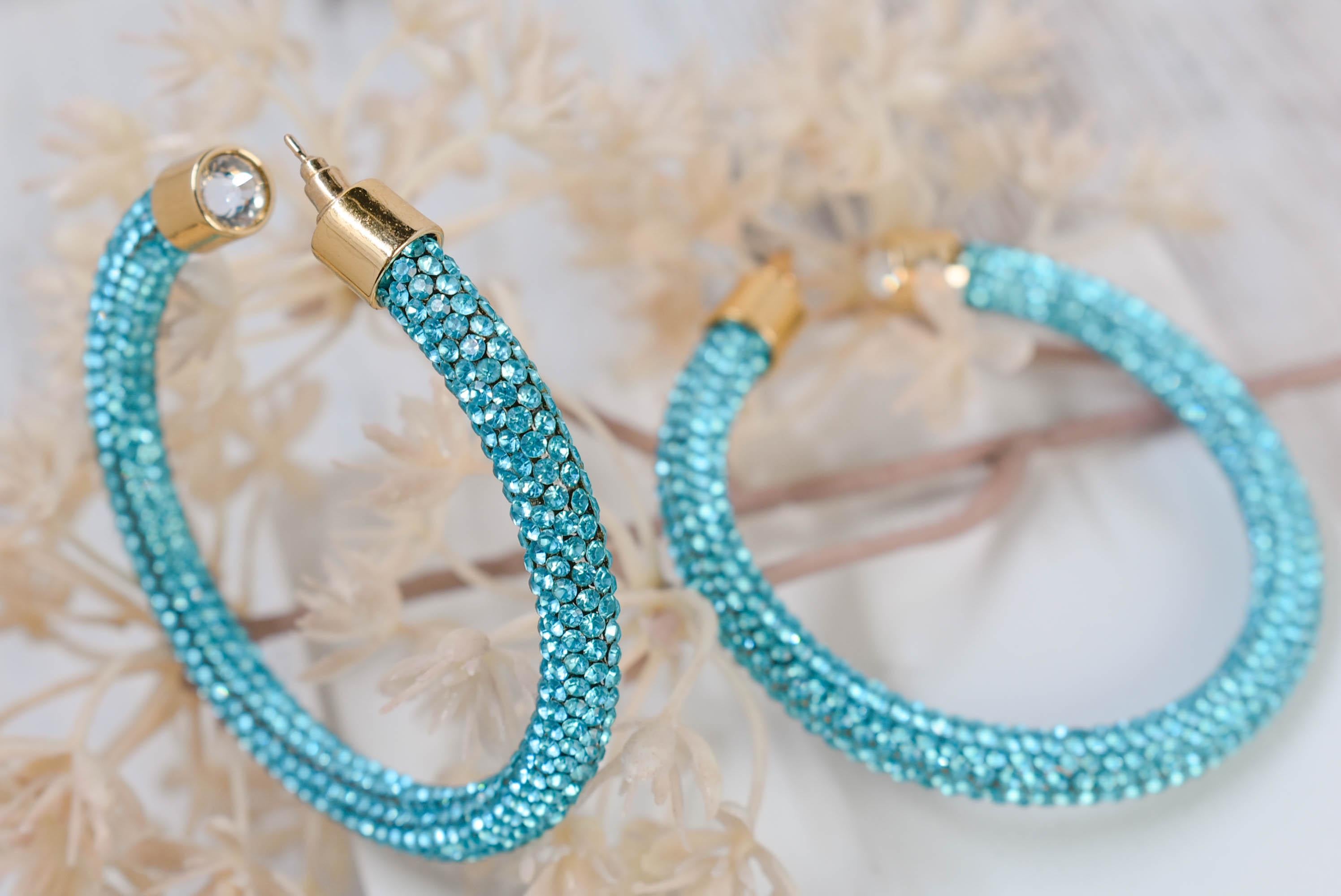 2.5" Ladies Bohemian Blue  Rhinestone Sparkle Wrap Pave Open Hoop Earrings Stone Accent Women Party Night Out