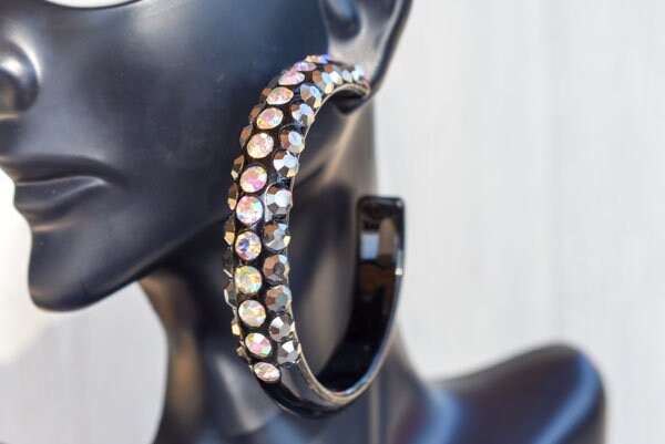 Black 3 Row Bling Statement Acrylic Lucite Hematite Gray/AB Rhinestones 2.5" Women's Hoop Earrings Pageant Weddings Night Out