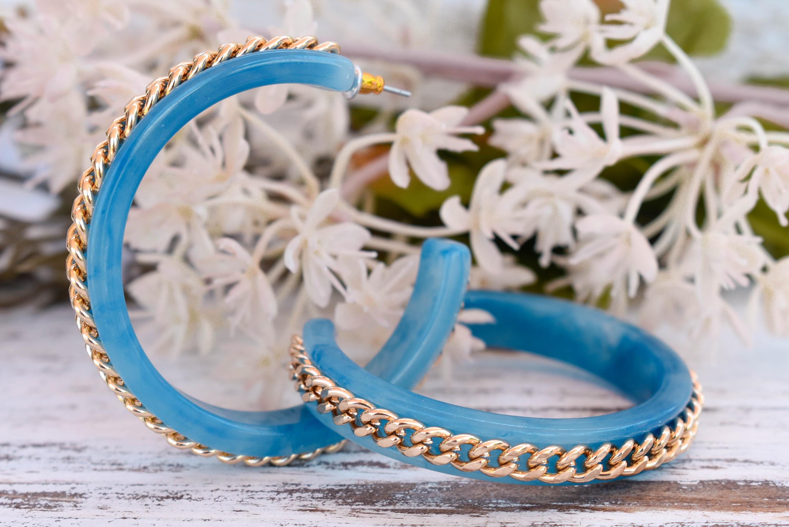 Boho Blue Marbled Acetate Hoop Earrings with Brass Chain Accent – 2" Chic Modern Statement Hoops